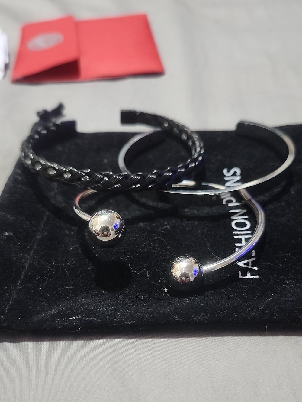 3 Contemporary Silver Open Cuff Bracelet with Black Braided Accent
